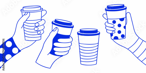 Hands holding disposable coffee cups in a playful illustrative style