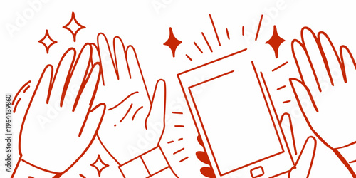 Hands clapping near a smartphone with sparkling star illustrations