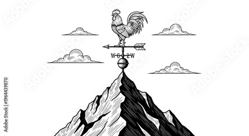 Rooster Weathervane Atop Mountain Peak with Clouds Engraving.