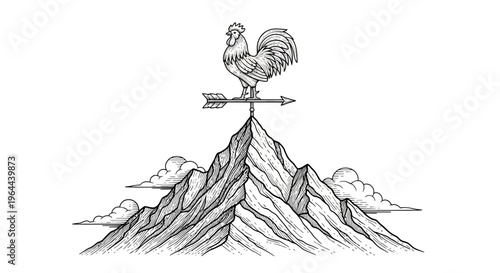 Rooster Weathervane Atop Mountain Peak Sketch Illustration.