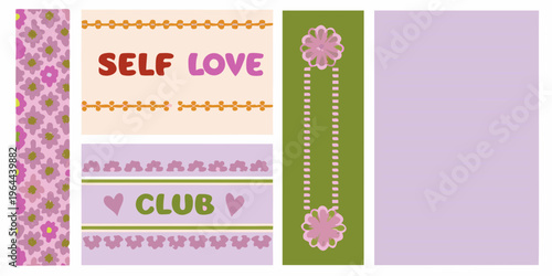 Colorful patterned panels with self love and heart club text