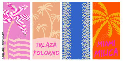Four vibrant vertically oriented panels featuring tropical and coastal imagery