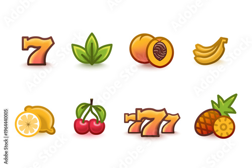 Set of casino slot machine icons. Vector illustration with lucky sevens, cherries, lemon and banana, symbol of gambling and jackpot.