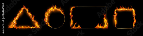 Borders with flames of fire. Vector realistic set of burning geometric frames. Triangle and circle, corner decor and square. Bonfire flashing design. Modern shapes with empty copy space