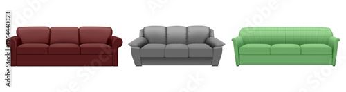 Textile or leather sofas for living room interior and home furnishing. Vector realistic style, isolated set of trendy simple models with fluffy pillow base. Sofas and couches for apartment