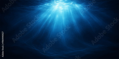 A deep blue abstract design features bright sunlight beams bursting through water like a glowing star flare in the dark sea