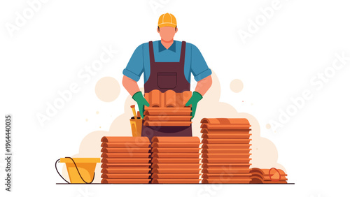 Construction Artisan: A skilled artisan, clad in professional attire and safety gear, meticulously arranges clay tiles. A symbol of craftsmanship and dedication to construction.