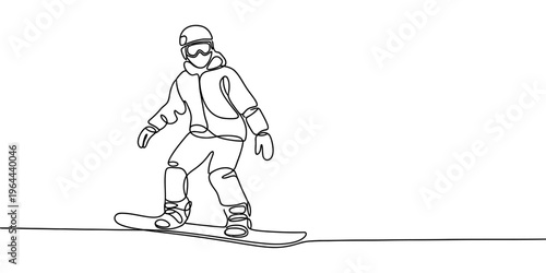 A continuous line drawing of a person wearing a helmet and goggles riding on a fast snowboard.