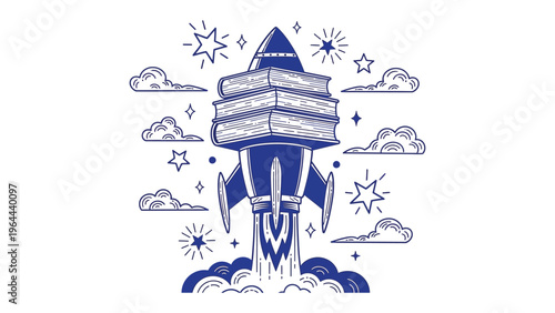 Book Rocket Launch: A creative illustration depicting a rocket ship soaring through the sky, its body constructed from a stack of books, symbolizing the power of education and knowledge.