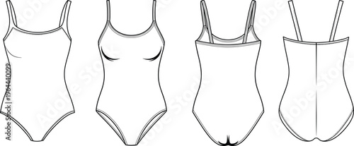Women bodysuit swimsuit set, front and back views, minimalist fashion apparel template, clean line art clothing design – vector illustration