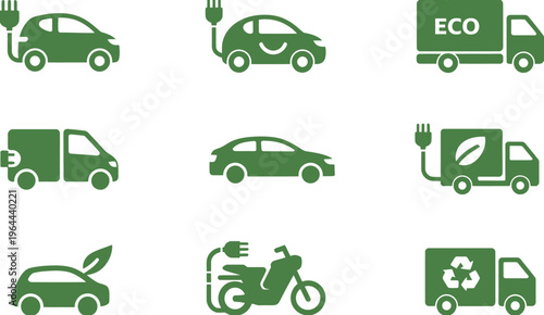 Green electric vehicle and delivery truck icons, outline and solid styles, vector symbols for plug-in cars, eco-friendly transportation, leaf signs, and recycling logistics.