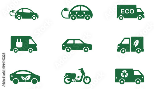 Green electric vehicle and delivery truck icons, outline and solid styles, vector symbols for plug-in cars, eco-friendly transportation, leaf signs, and recycling logistics.