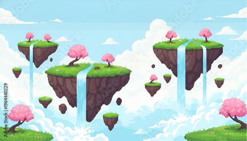 Pixel art landscape of floating islands with waterfalls and cherry blossom trees in a cloudy sky background