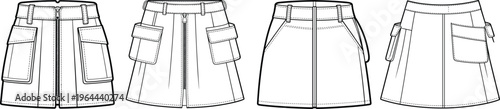 Women cargo mini skirt set with zipper front and utility pockets, front and back views, minimalist fashion template – vector illustration