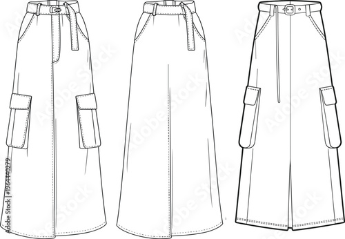 Women cargo skirt and wide leg pants with belt and pockets, front and back fashion technical drawing – vector illustration