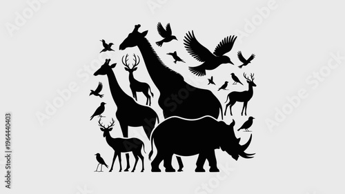 African Savanna Landscape Vector Silhouette – Seamless Horizontal Wildlife Scene with Elephants, Giraffes, Lion in Animals savannah
