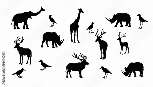 African Savanna Landscape Vector Silhouette – Seamless Horizontal Wildlife Scene with Elephants, Giraffes, Lion in Animals savannah
