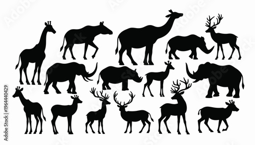African Savanna Landscape Vector Silhouette – Seamless Horizontal Wildlife Scene with Elephants, Giraffes, Lion in Animals savannah
