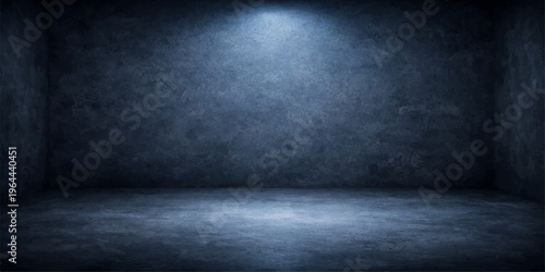 An empty dark interior room featuring a blue grunge concrete wall and vintage gray cement floor texture with a blank black stone backdrop design