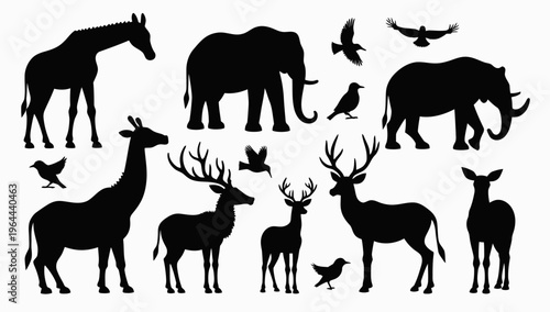 African Savanna Landscape Vector Silhouette – Seamless Horizontal Wildlife Scene with Elephants, Giraffes, Lion in Animals savannah
