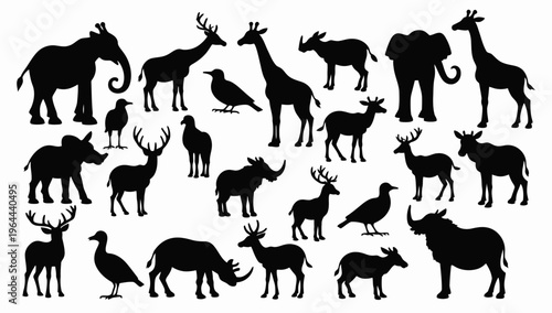 African Savanna Landscape Vector Silhouette – Seamless Horizontal Wildlife Scene with Elephants, Giraffes, Lion in Animals savannah
