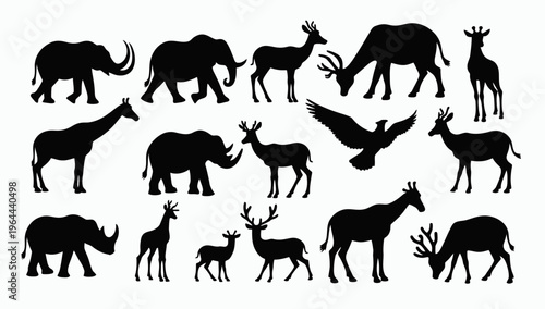 African Savanna Landscape Vector Silhouette – Seamless Horizontal Wildlife Scene with Elephants, Giraffes, Lion in Animals savannah
