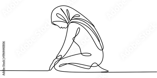 A single continuous line drawing of a person wearing a hijab and kneeling in a prayer position