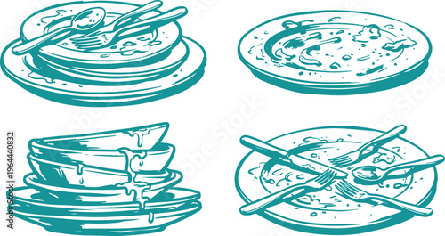 Dirty Dishes with Leftover Food Hand Drawn Line Art Vector Design Messy Plate Illustration.