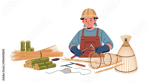 Bamboo Crafting: A skilled artisan meticulously crafts a bamboo fish trap, embodying traditional craftsmanship and sustainable practices.