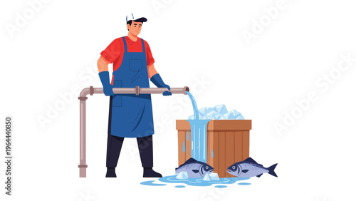 Fish Processing Scene: An illustration depicts a worker engaged in the processing of fresh fish, with water and ice being used.