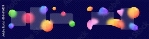 Blurred rectangular and square glass surface. Vector set of transparent panels above drifting geometric abstractions. Minimal structure with contemporary digital style and spatial balance