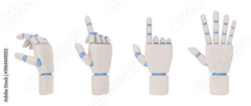 Bionic multi grip prostheses in different positions. Vector isolated realistic icon set, rehabilitation and arm replacement after amputation. Metal analogue of human limb, assistance to disabled