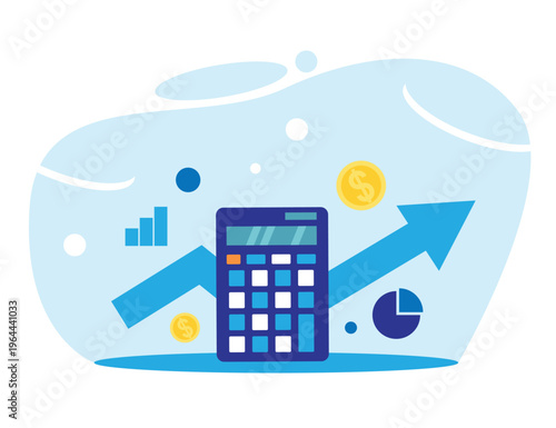 A Calculator with Sales Graph Flat Style. Business and financial sales calculation, profit and commerce