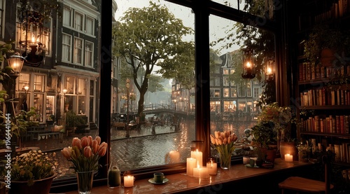 Window with candles and flowers in a room