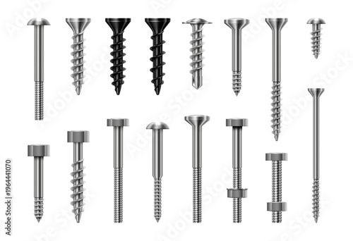 Screws and nails, rivets and stainless steel metal bolts. Vector in realistic style, isolated set of equipment for construction and carpentry, renovation and fastening objects. Workshop parts