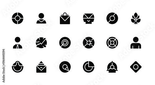 Collection of diverse business and data interface icons in black silhouette.