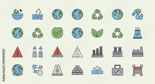Collection of Environmental and Ecological Icons Representing Global Sustainability Efforts.