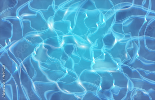 Blue water surface texture background with ripples. Vector realistic pattern for pool design or marine landscape. Top view of sun reflection in ocean and sea. Purity and cleanliness of aqua container
