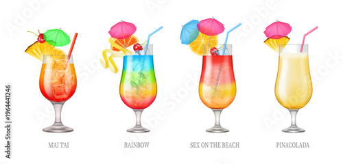 Alcoholic cocktail set. Vector Mai Tai and Rainbow, Sex on Beach and Pinacolada. Set of drinks served in glasses with ices and fruits, straws and cocktail umbrellas. Menu and celebration elements