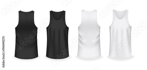 Basic simple sports clothes for men and women. Vector realistic style, isolated set of cotton shirts with no sleeves. Workout outfit, apparel for sportive people. Tank top for training mockup