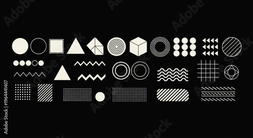 Collection of Geometric Shapes and Patterns on Black Background.