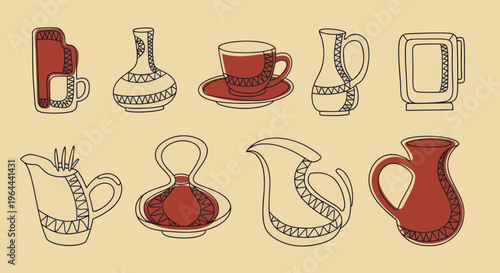 Collection of Hand Drawn Ceramic Pottery and Drinkware.