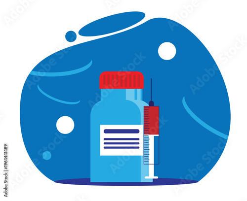 Medicine in a Tube and Syringe with Blood or Vaccine. Medicine and health care industry vector art