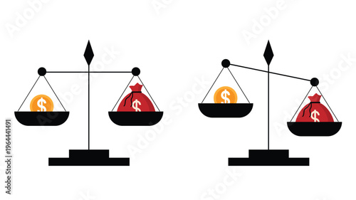Scales with Money Bag and Coins. Business and financial sales calculation, profit and commerce