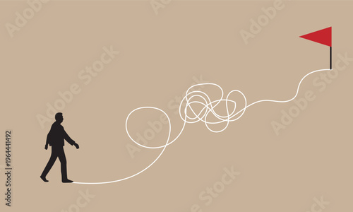 Silhouette of Business Man Walking Towards a Goal Flag. Achievement and success, people determined to achieve goals