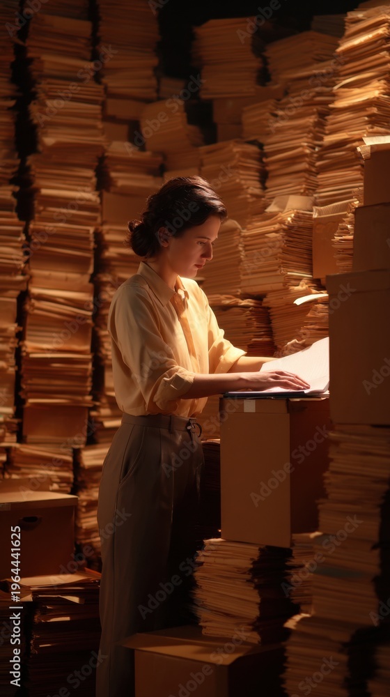 Fototapeta premium A woman stands beside a stack of documents, absorbed in reading under soft warm lighting