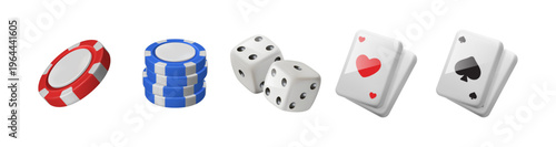 Playing cards aces, casino mockup chips or badges and rolling dice. Vector in realistic UI icons for application or website. Cartoon cubes with random number, tokens for games and gambling