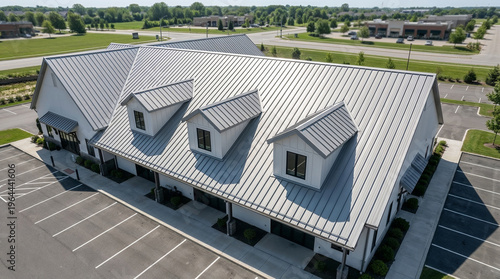 Modern commercial building with grey standing seam metal roof and dormer windows