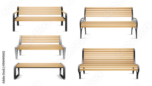 Outdoors furniture, isolated wooden benches made of planks and metals. Vector simple design structures for sitting, longbenches or pews for park or garden. Outside decor and seats for visitors