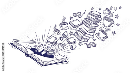 Book of Imagination: A storybook bursts open, unleashing a cascade of magical elements – stacks of books, coffee mugs, and eyeglasses – creating a fantastical scene.